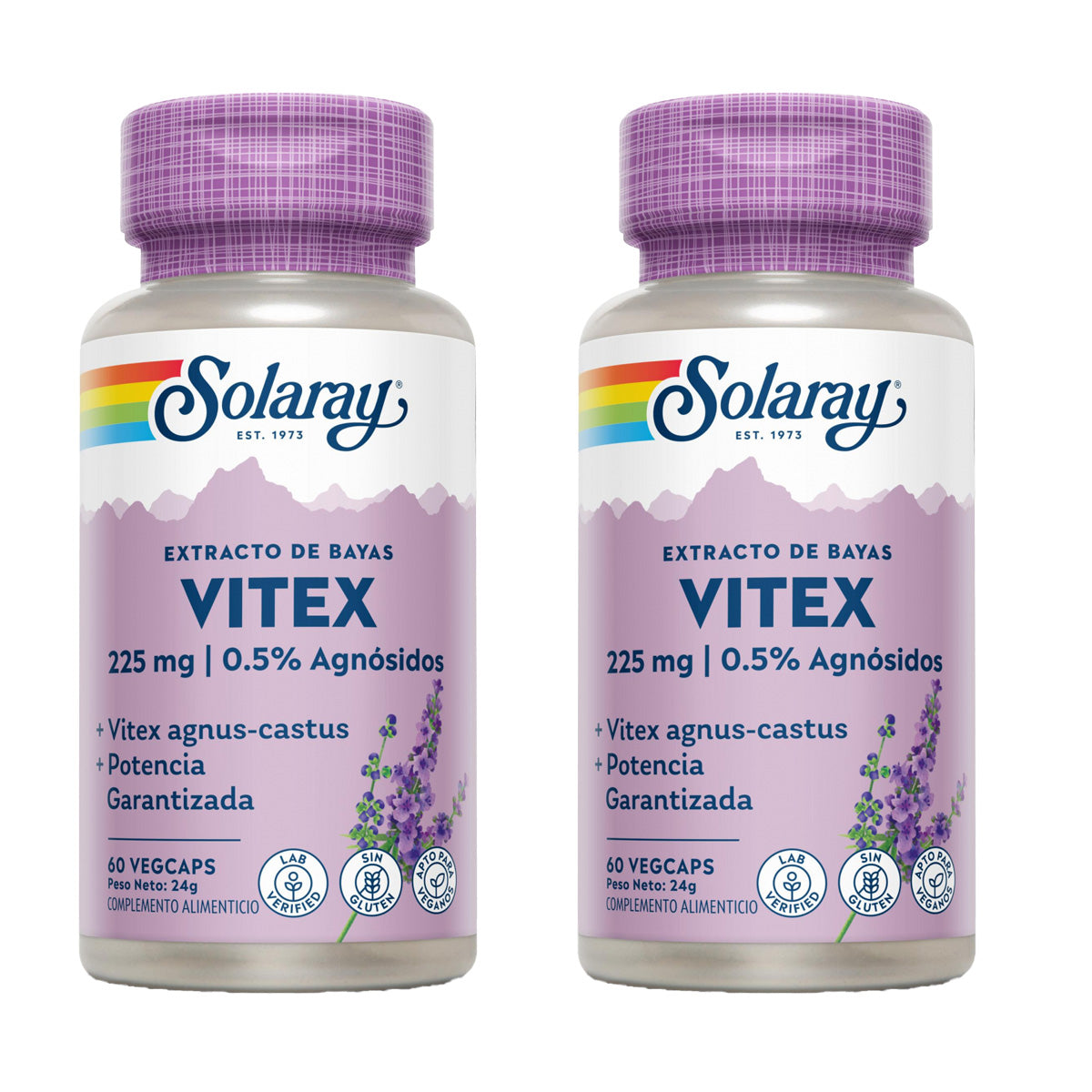 Pack of 2 Solaray Vitex (Chaste Tree) 60 VegCaps - Gluten-free. Suitable for vegans.