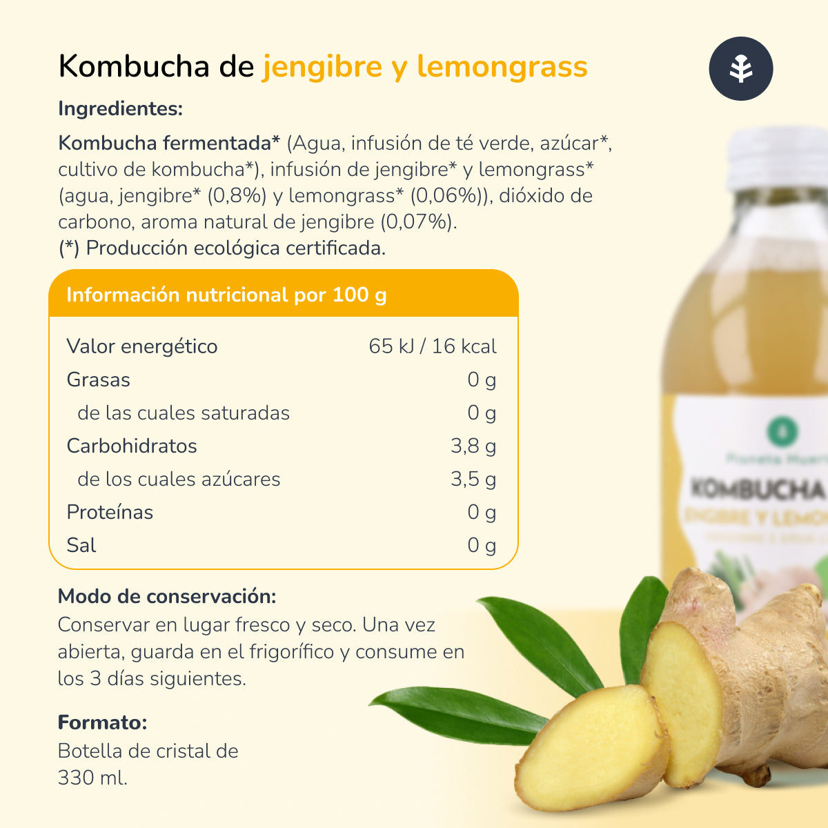Confezione 6x Kombucha ECO Zenzero e citronella Planeta Huerto 330 ml