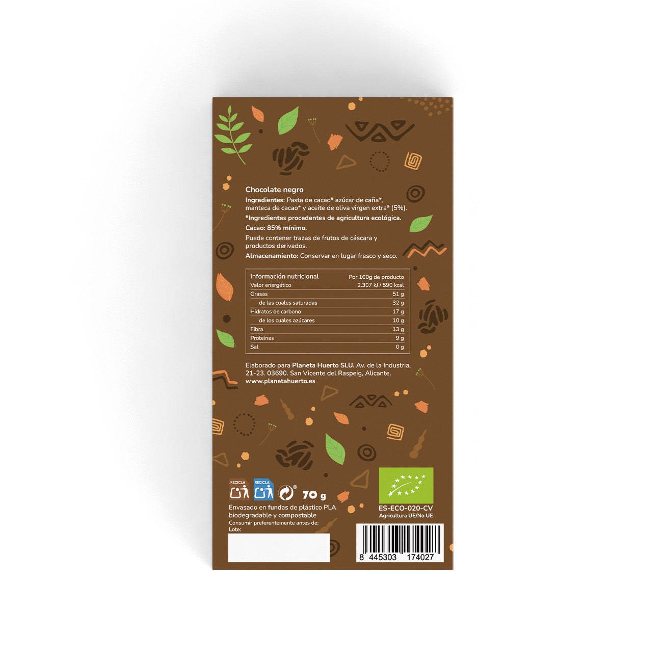 Tablette de chocolat noir 85% ECO Planeta Huerto 70 g