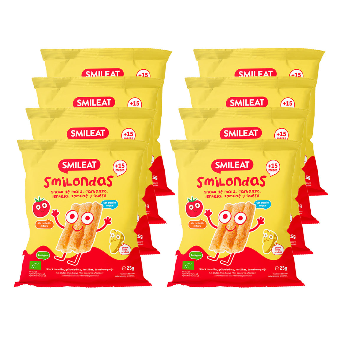 Opakowanie 8x Smilondas Snack z kukurydzą, ciecierzycą, soczewicą, pomidorem i serem ekologicznym, Smileat, 25 g