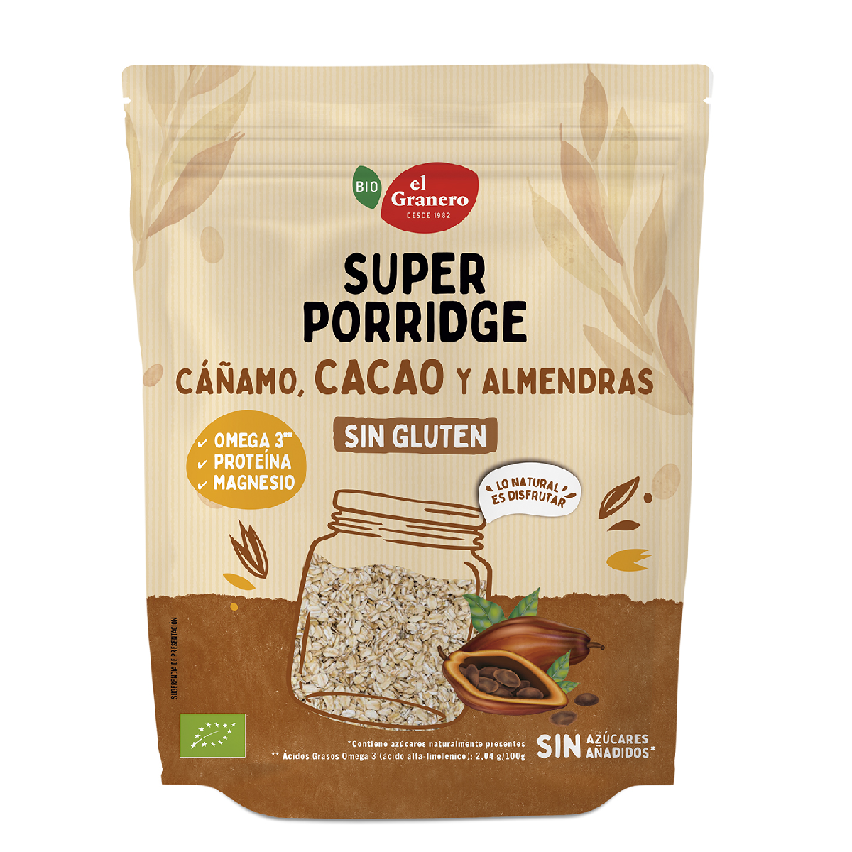 Super Porridge Płatki owsiane bezglutenowe z kakao, migdałami i konopiami BIO El Granero 350 g