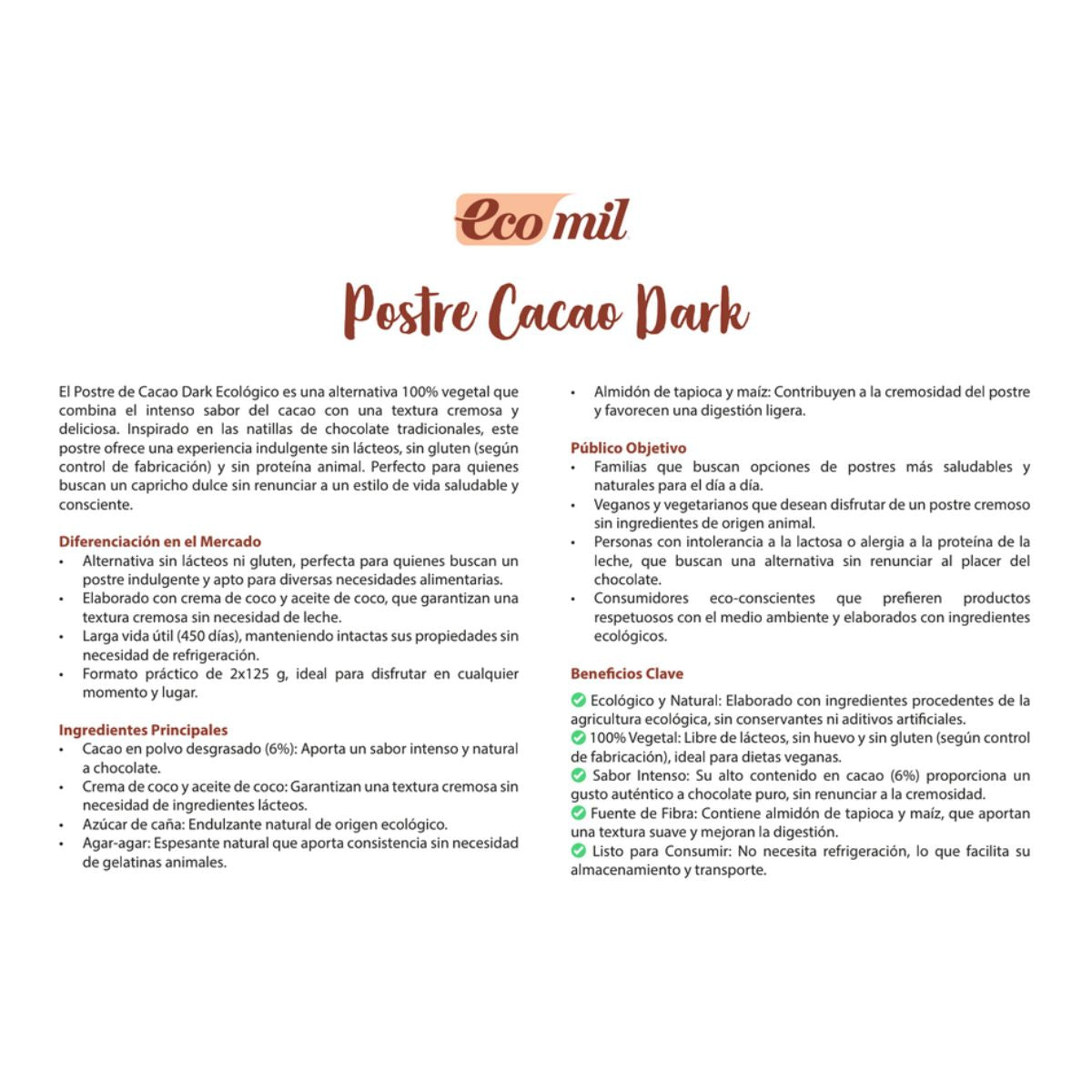 Postre Cacao Dark Bio Ecomil 2 uds de 125 g