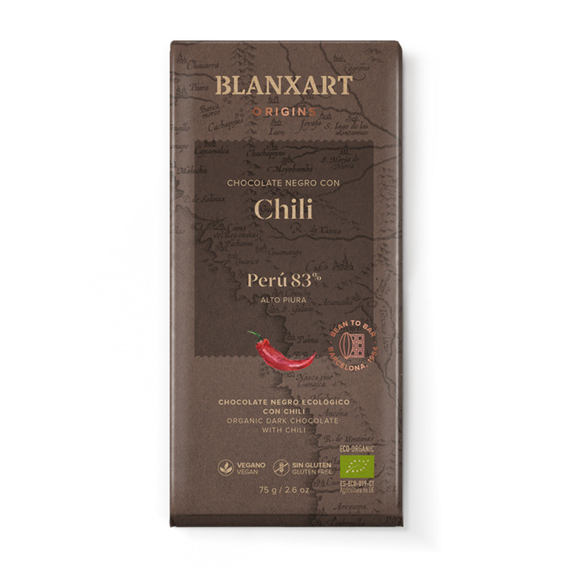 Schokolade Peru 83 % mit Chili, vegan, glutenfrei, Blanxart, 75 g