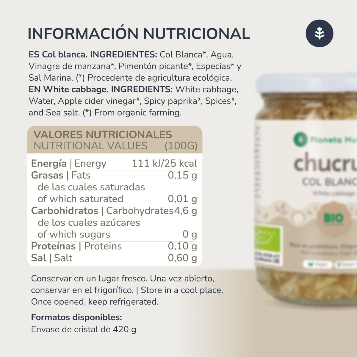 Zuurkool Witte Kool ECO Planeta Huerto 420 g