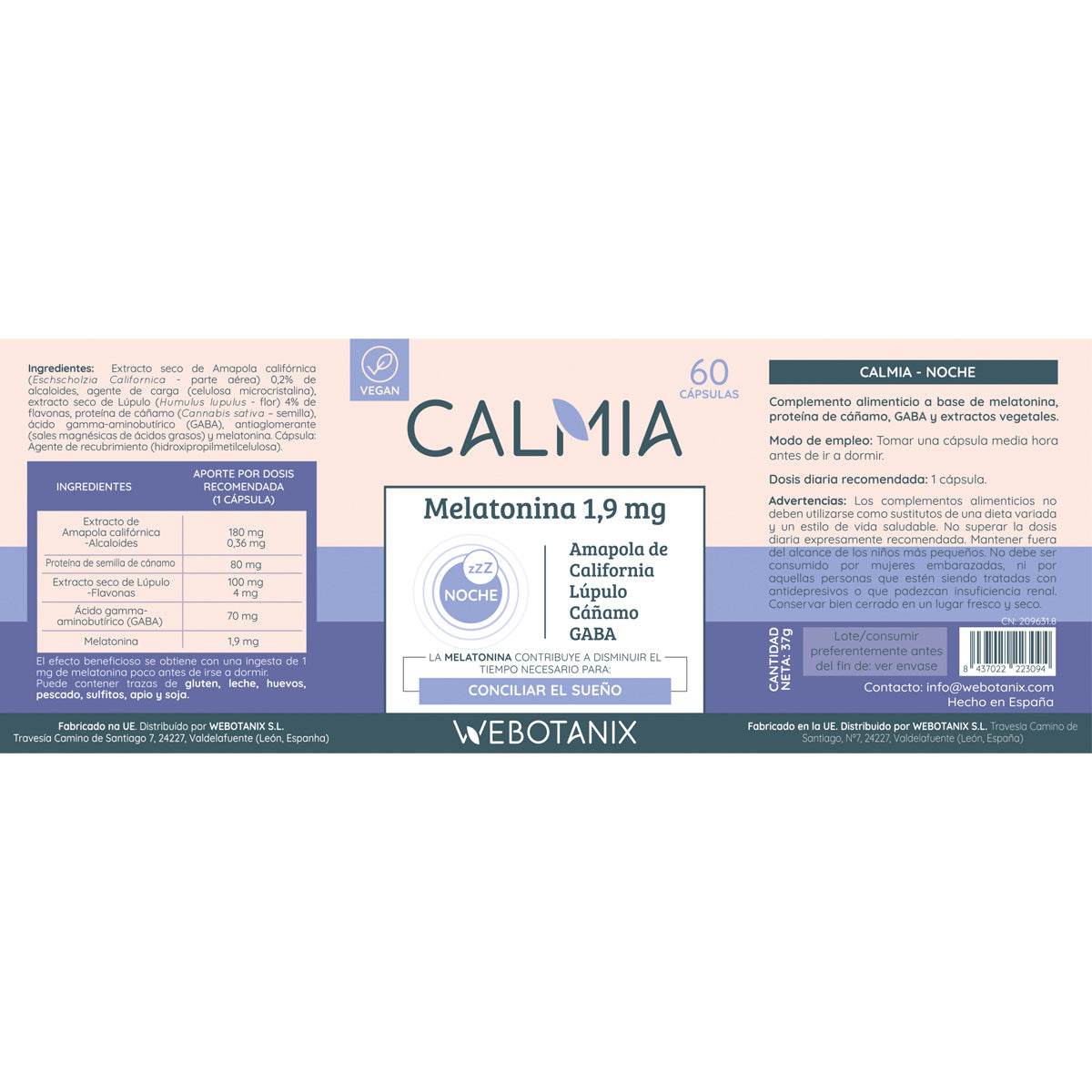 Calmia Noche Forte (5HTP+melatonine+magnesium, L-theanine, valeriaan) WEBOTANIX 60 capsules