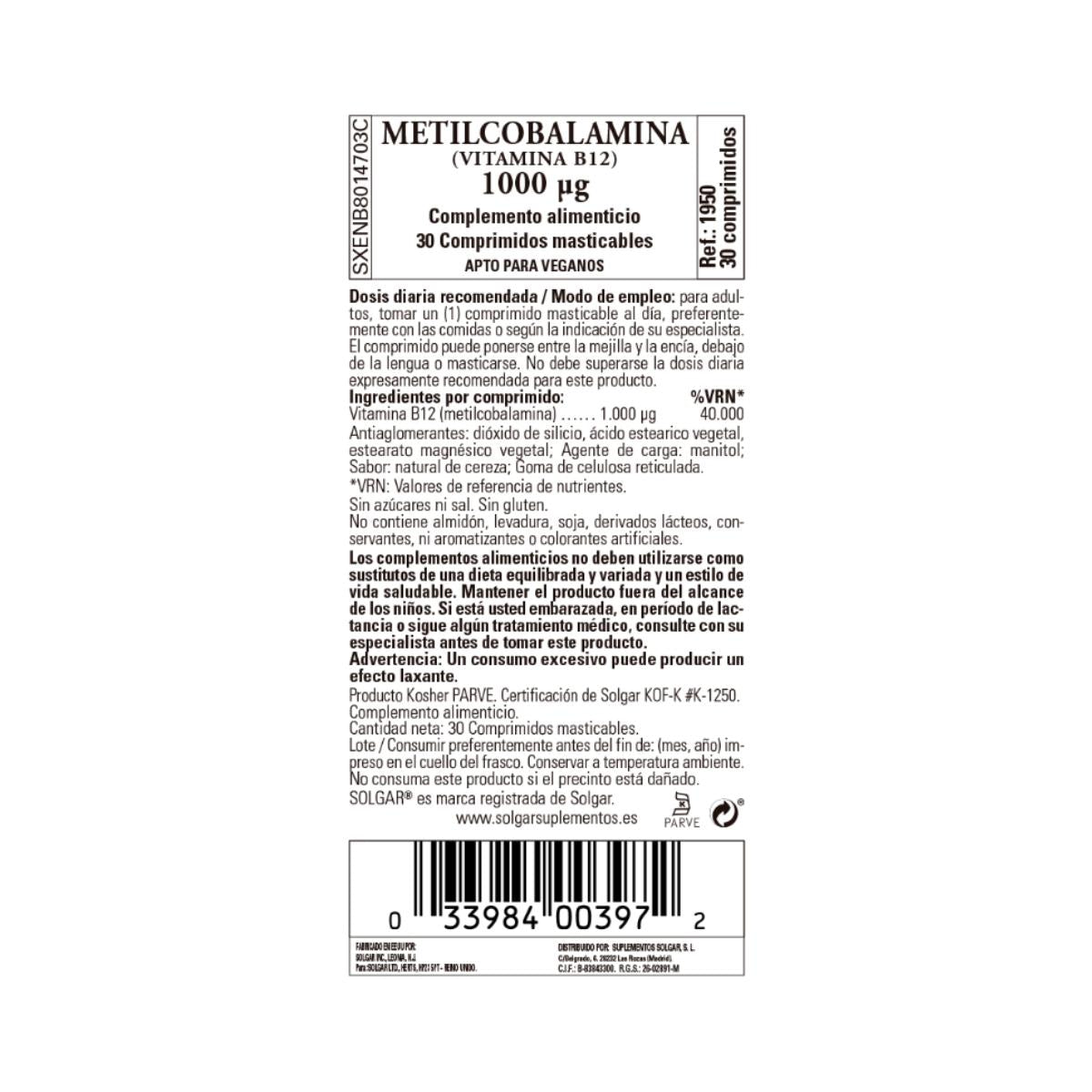 Vitamin B12 Methylcobalamin, 30 sublingual tablets of 1000μg