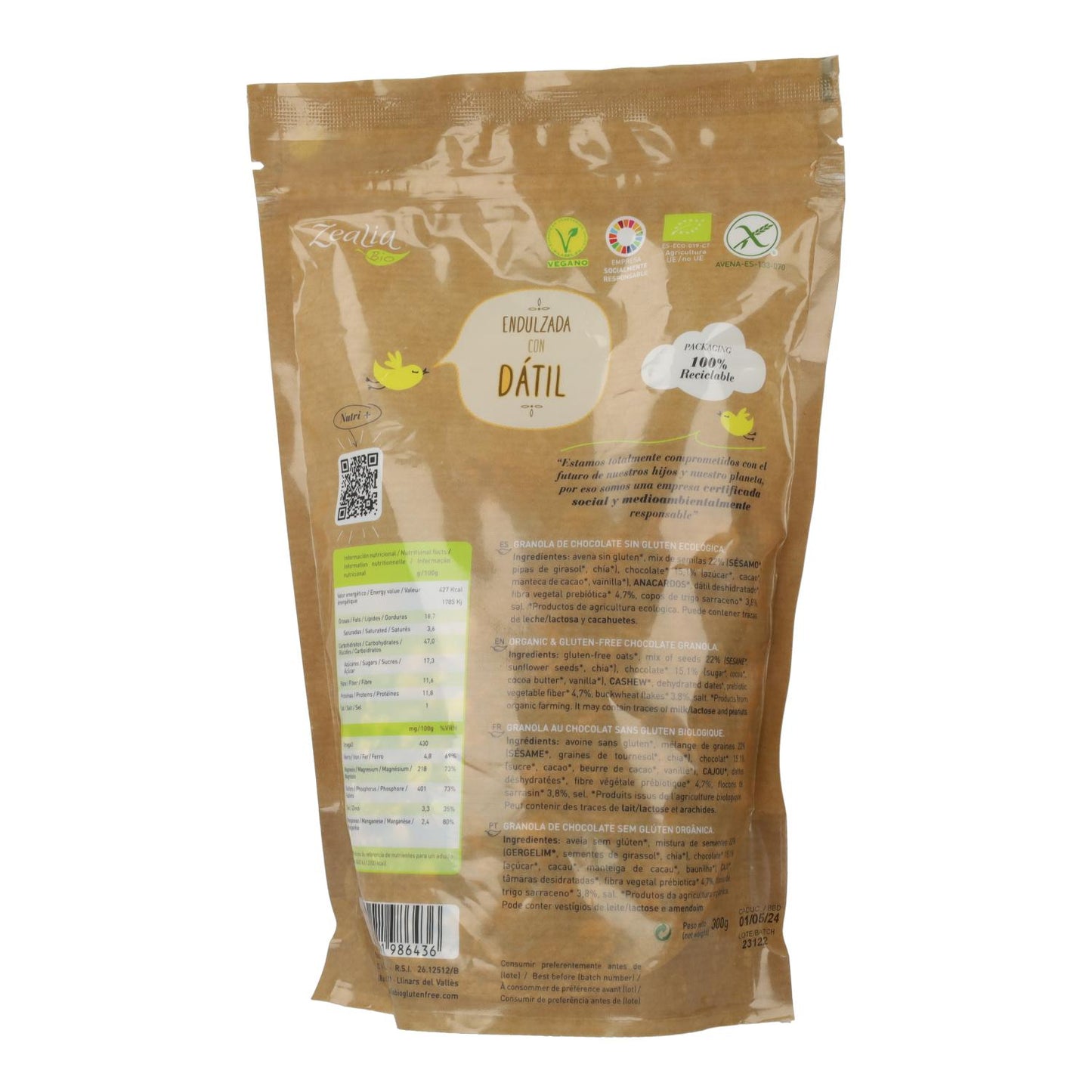 Biologische glutenvrije chocoladegranola Zealia 300 g