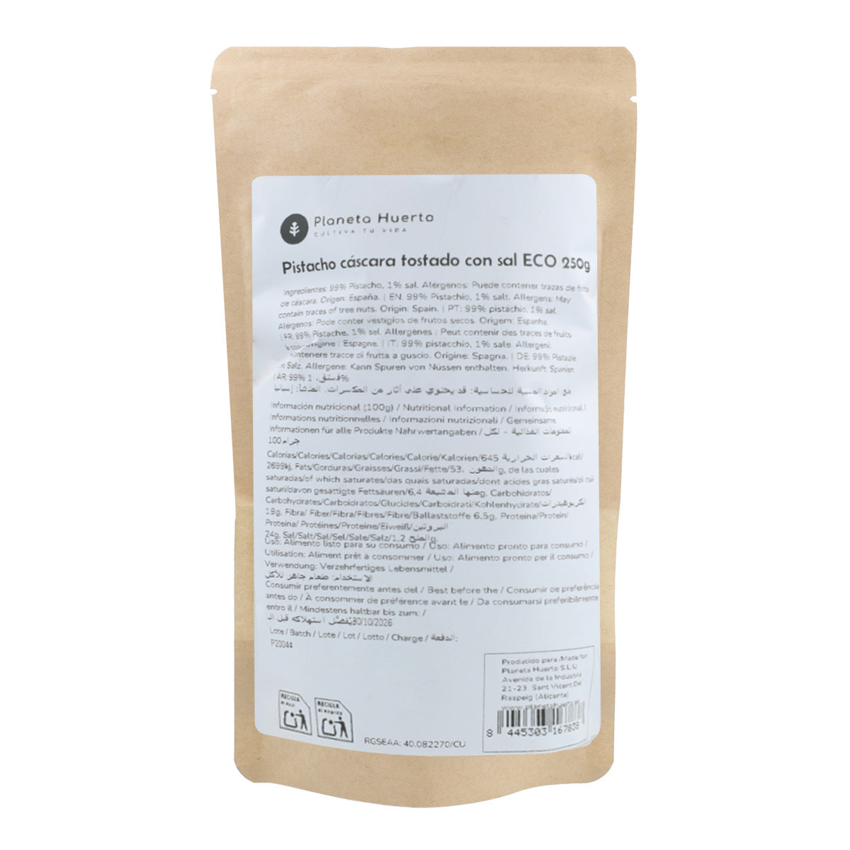 Pistagenötter i skal rostade och saltade ECO Planeta Huerto 250 g