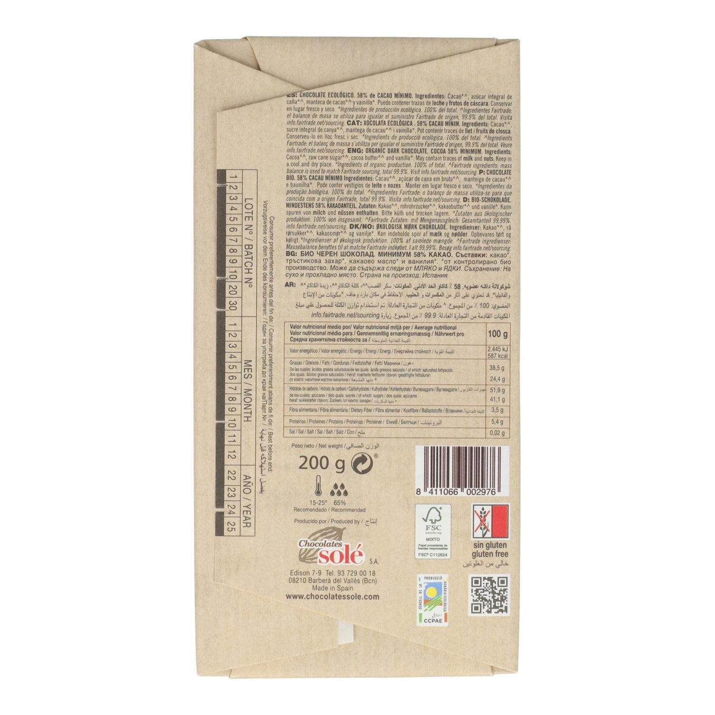 Ekologisk choklad för desserter Solé 200 g