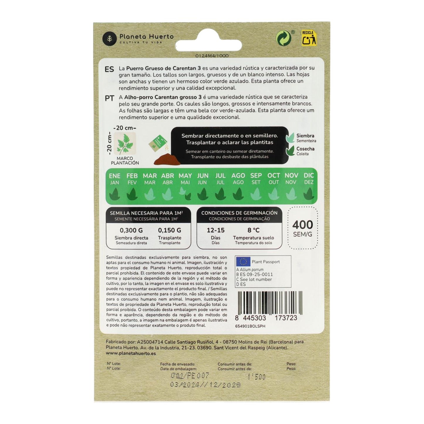 Graines de poireau épais bio de Carentan Planeta Huerto