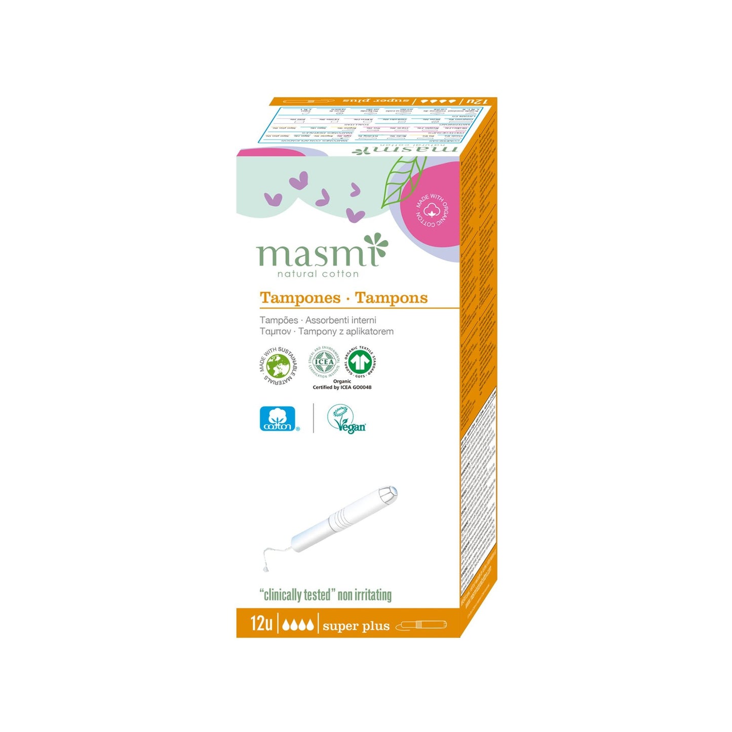 Super plus tampons met applicator, biologisch katoen Masmi, 12 stuks