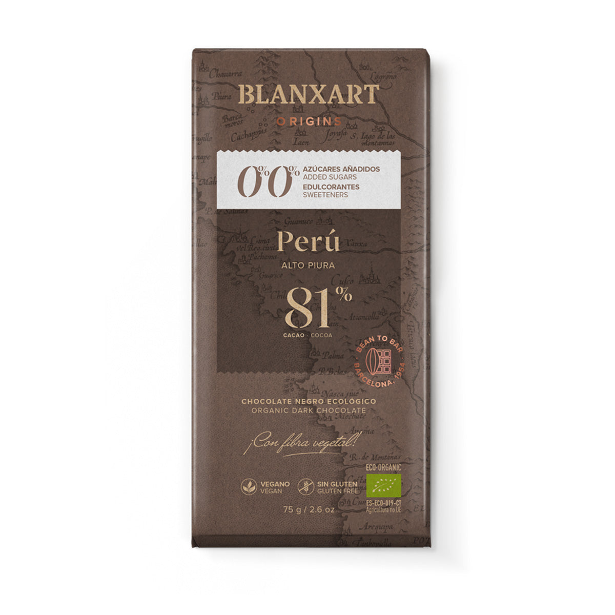 Cioccolato Perù 81% senza zucchero senza dolcificanti Eco Vegano Senza glutine Blanxart 75 g