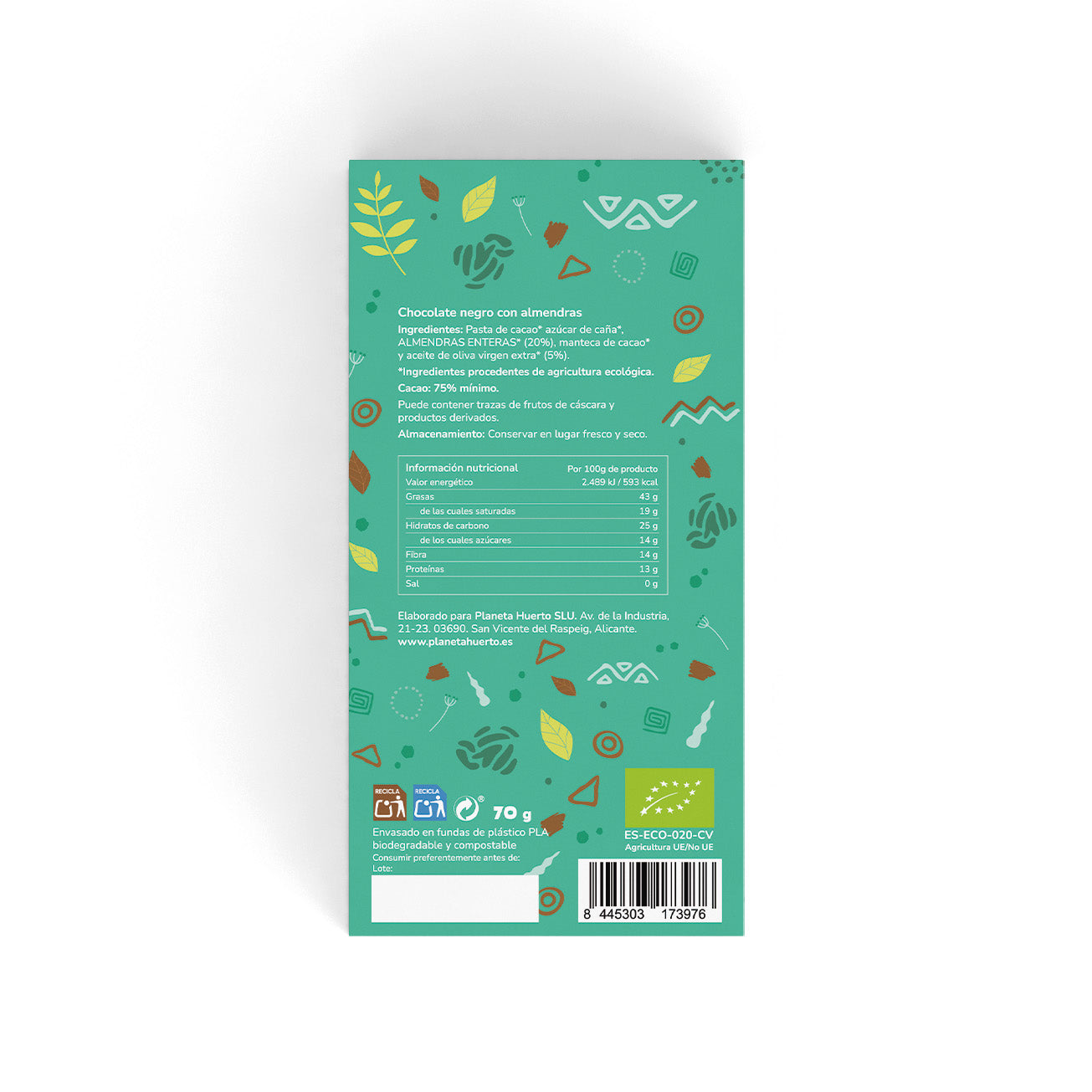 Dark chocolate bar 75% with almonds ECO Planeta Huerto 70 g