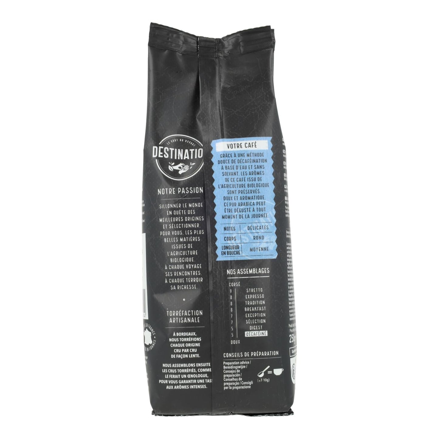 Zachte cafeïnevrije gemalen koffie 100% arabica BIO Destination 250 g