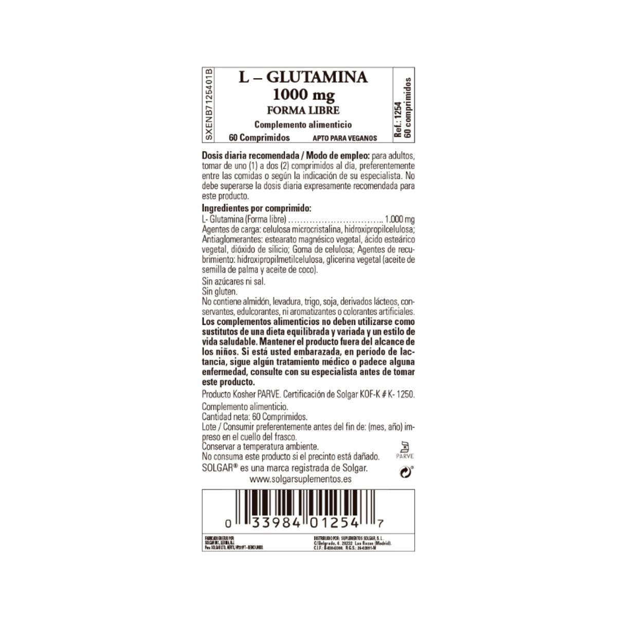 L-Glutamina, 60 comprimidos de 1000 mg
