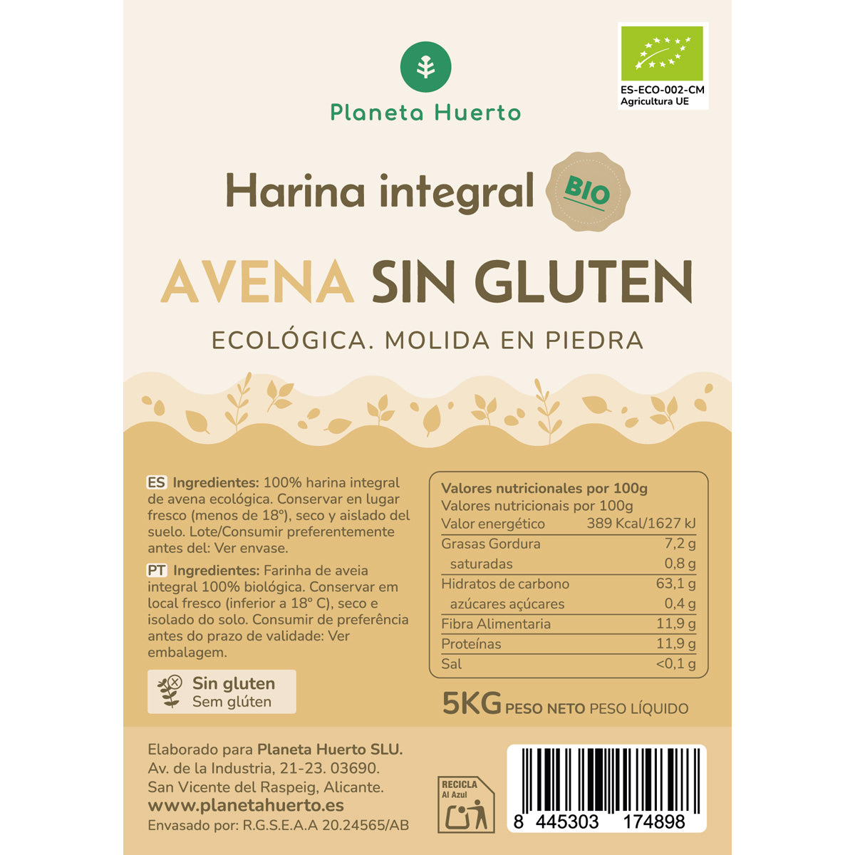 Harina Integral de Avena Sin Gluten Eco Planeta Huerto 5 Kg
