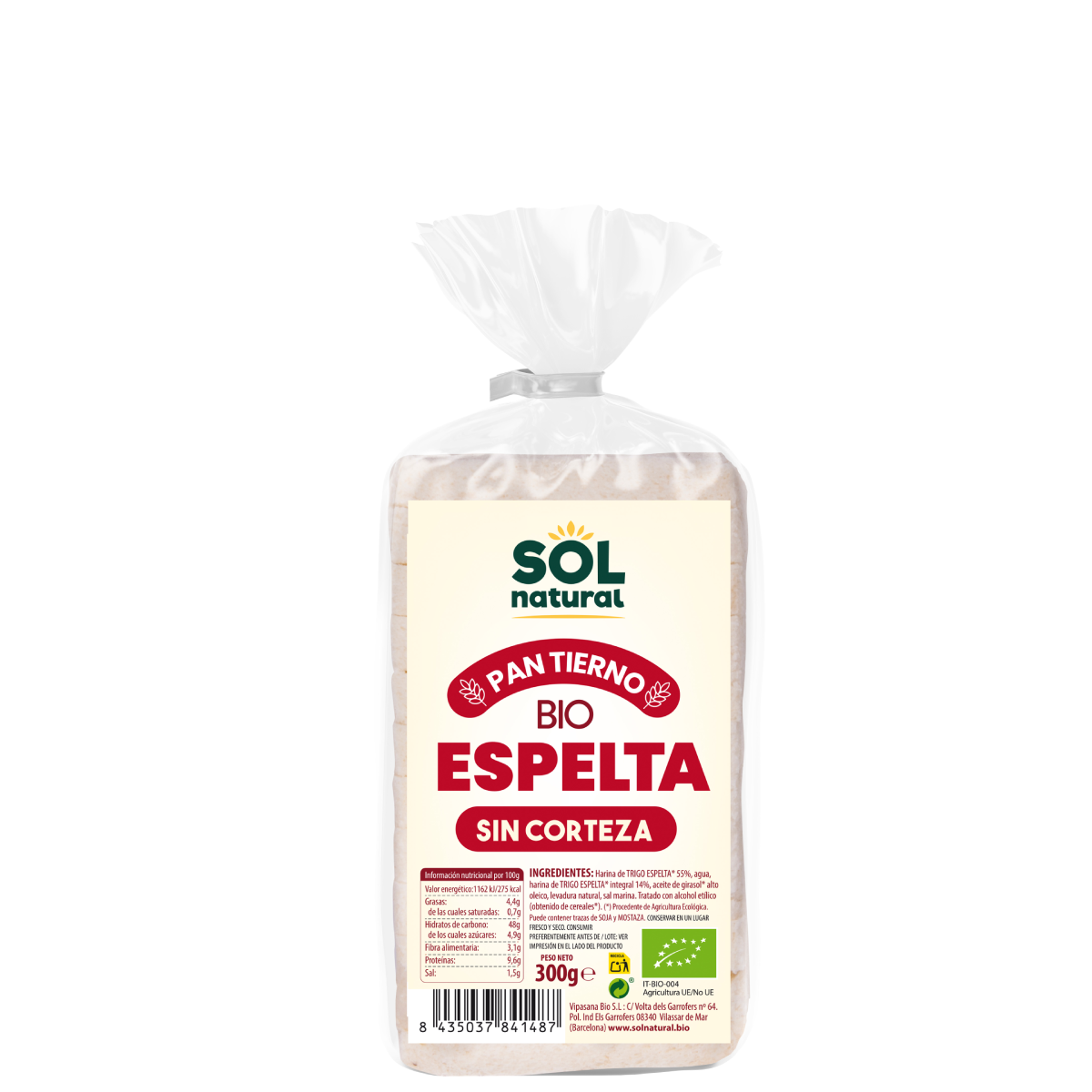 Biologisch speltbrood zonder korst Sol Natural 300 g