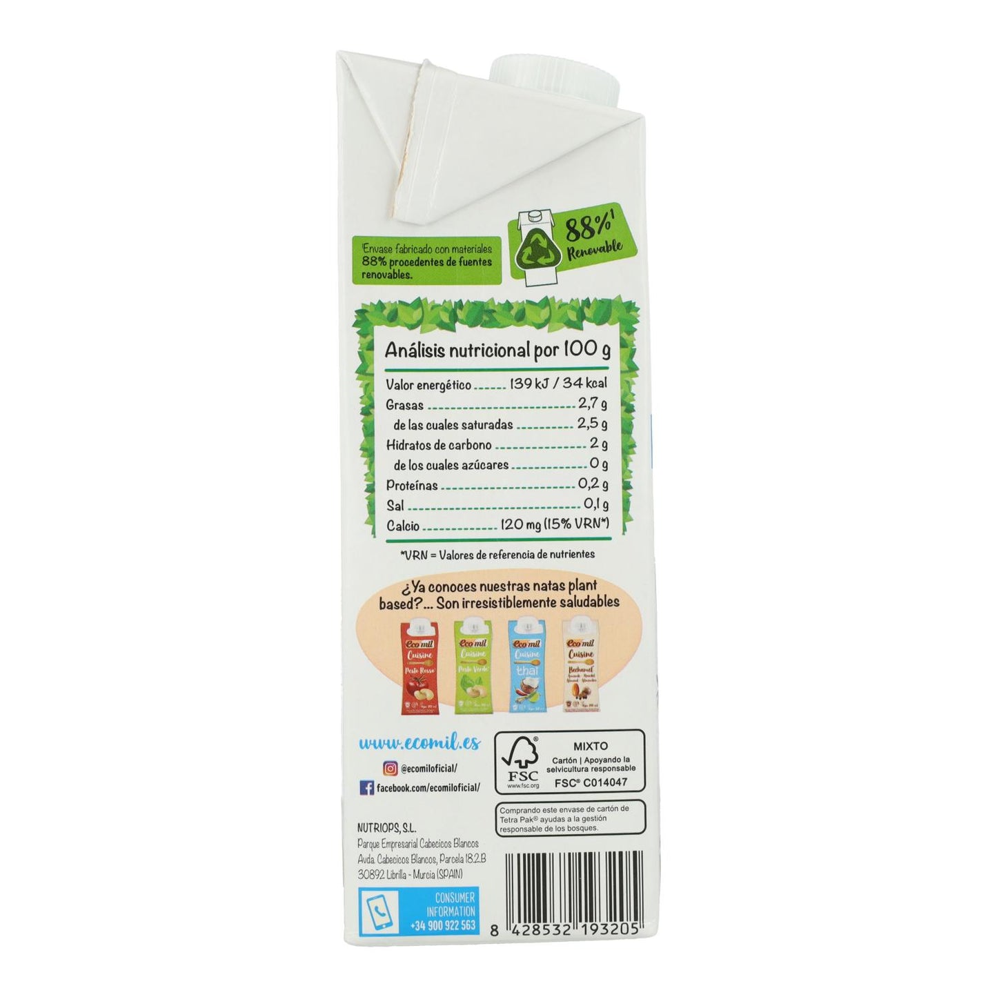 Pack 6 uds Bebida de Coco Calcio sin azúcar Ecomil 1L