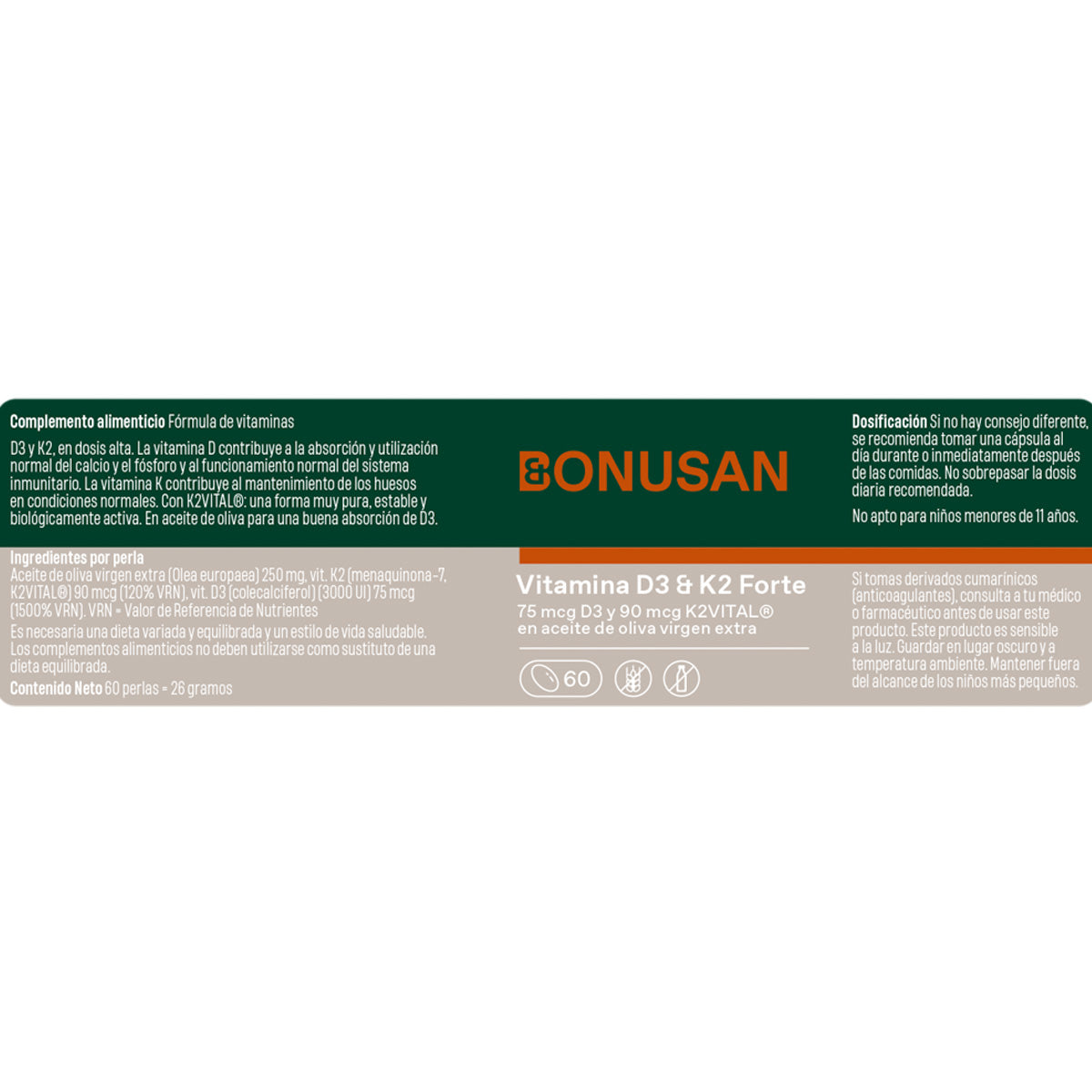 Vitamine D3 & K2 Forte Bonusan, 60 perles