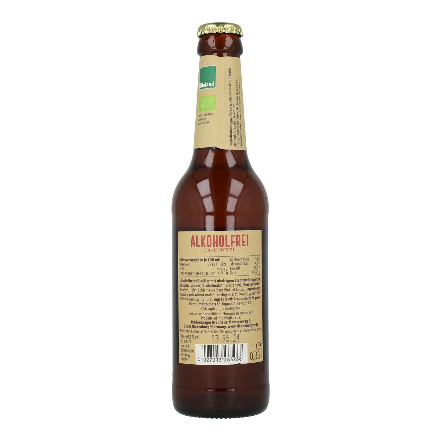 Bière d'épeautre bio sans alcool Riedenburger 33 cl