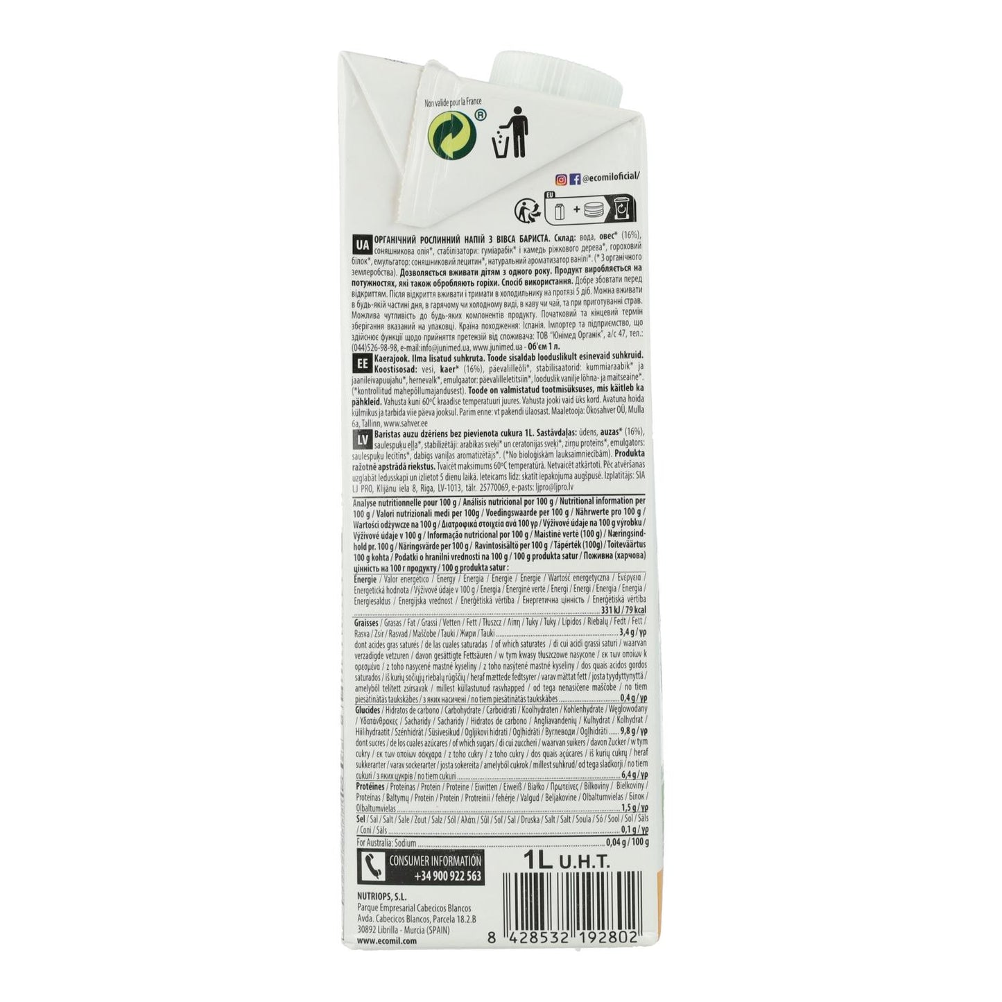 Plantaardige drank Barista Haver BIO EcoMil 1 L