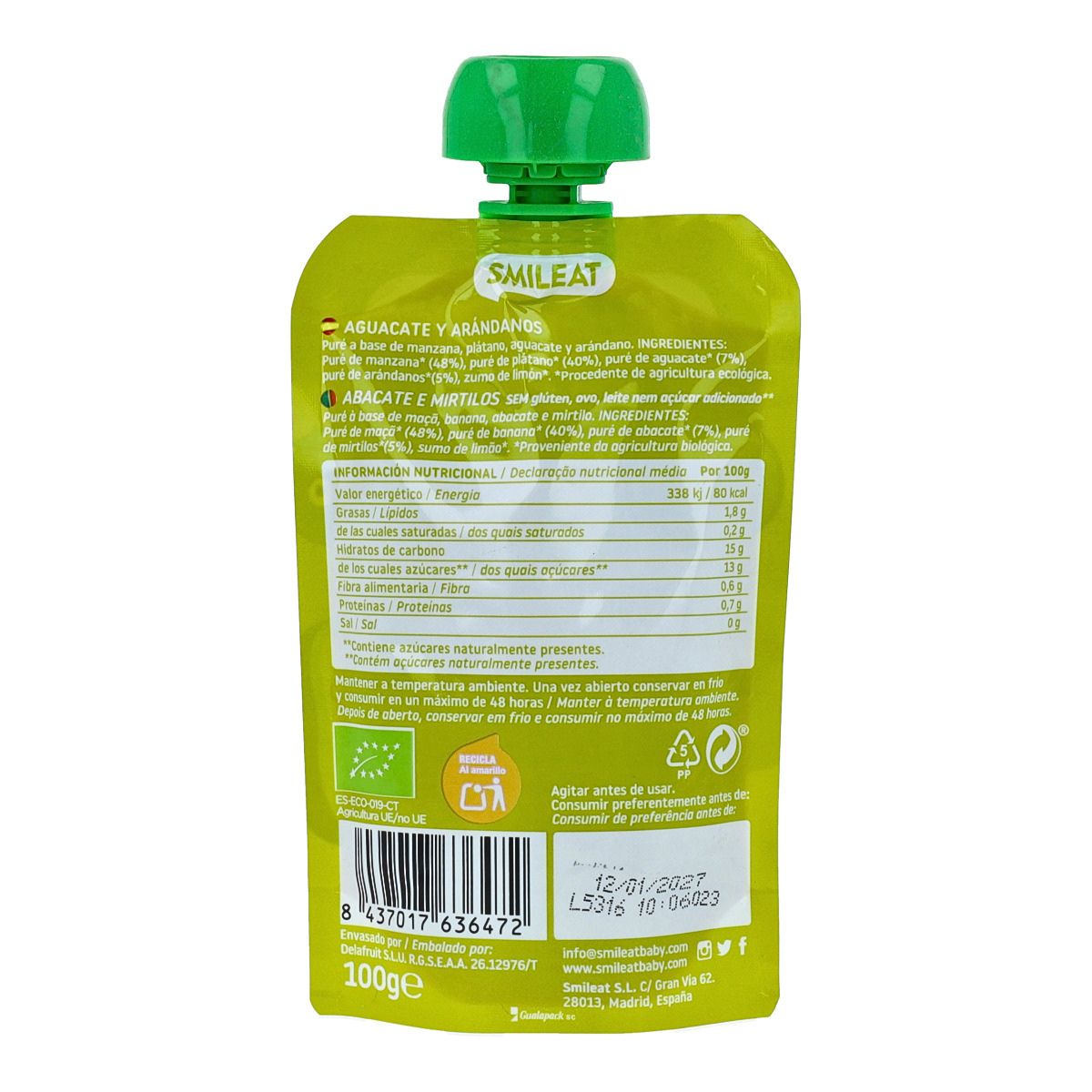 Pouch avocado e mirtilli ECO Smileat, 100 g
