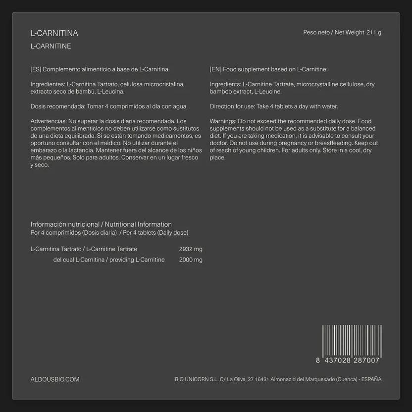 L Carnitine 2000 mg Aldous Bio 200 tabletten
