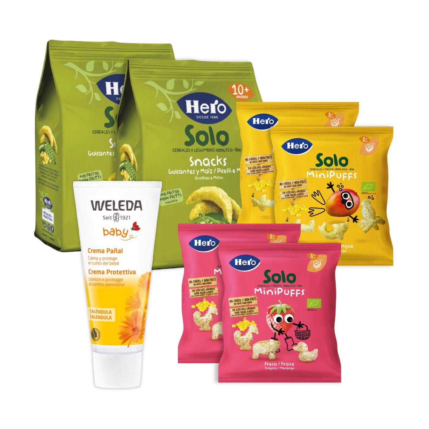 2-pack Hero mangosnacks + 2 Hero ärt- och majssnacks + 2 Hero jordgubbssnacks + Weleda ringbalsam med ringblomma
