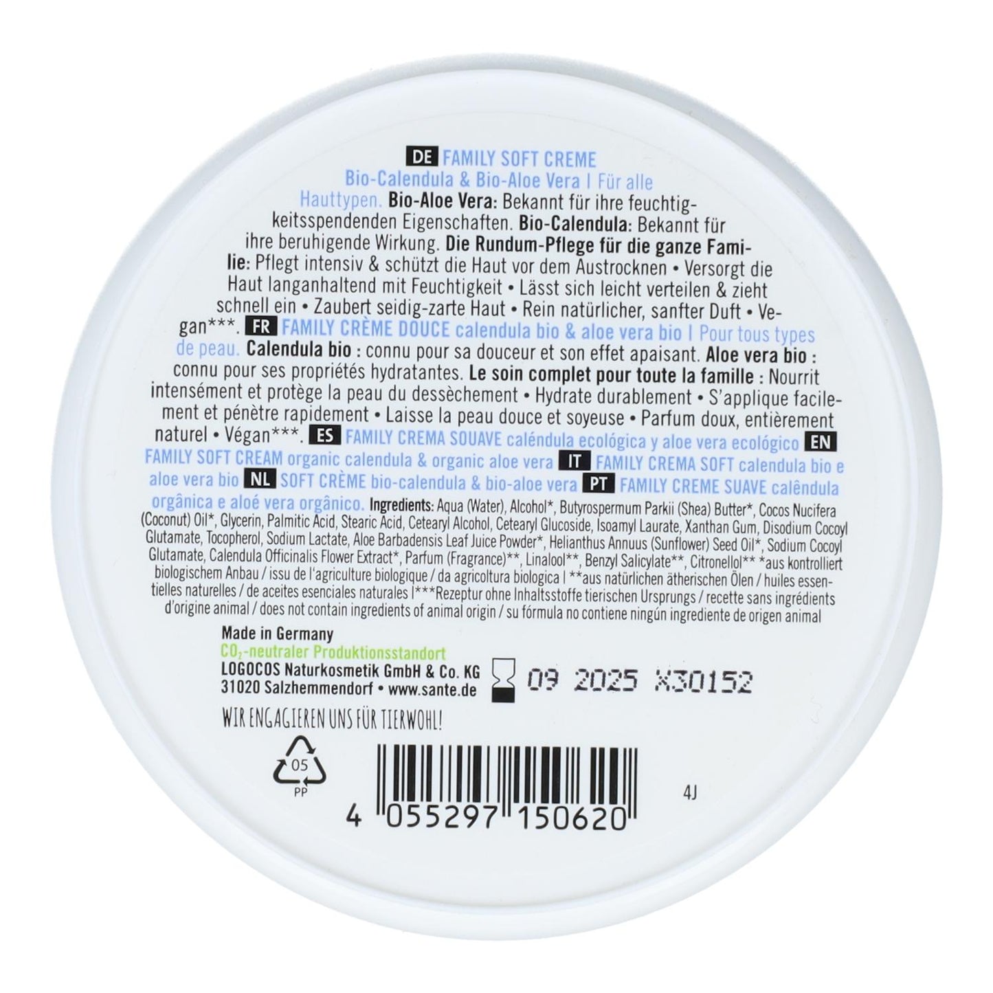 Organic Calendula & Aloe Vera Face and Body Cream, Sante 150 ml