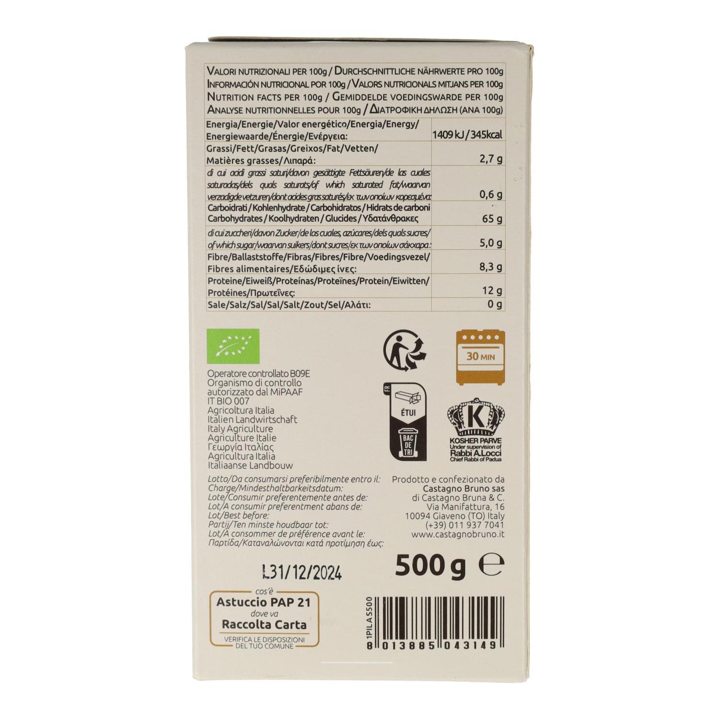Lasagnebladen van volkoren tarwe ECO Castagno 500 g