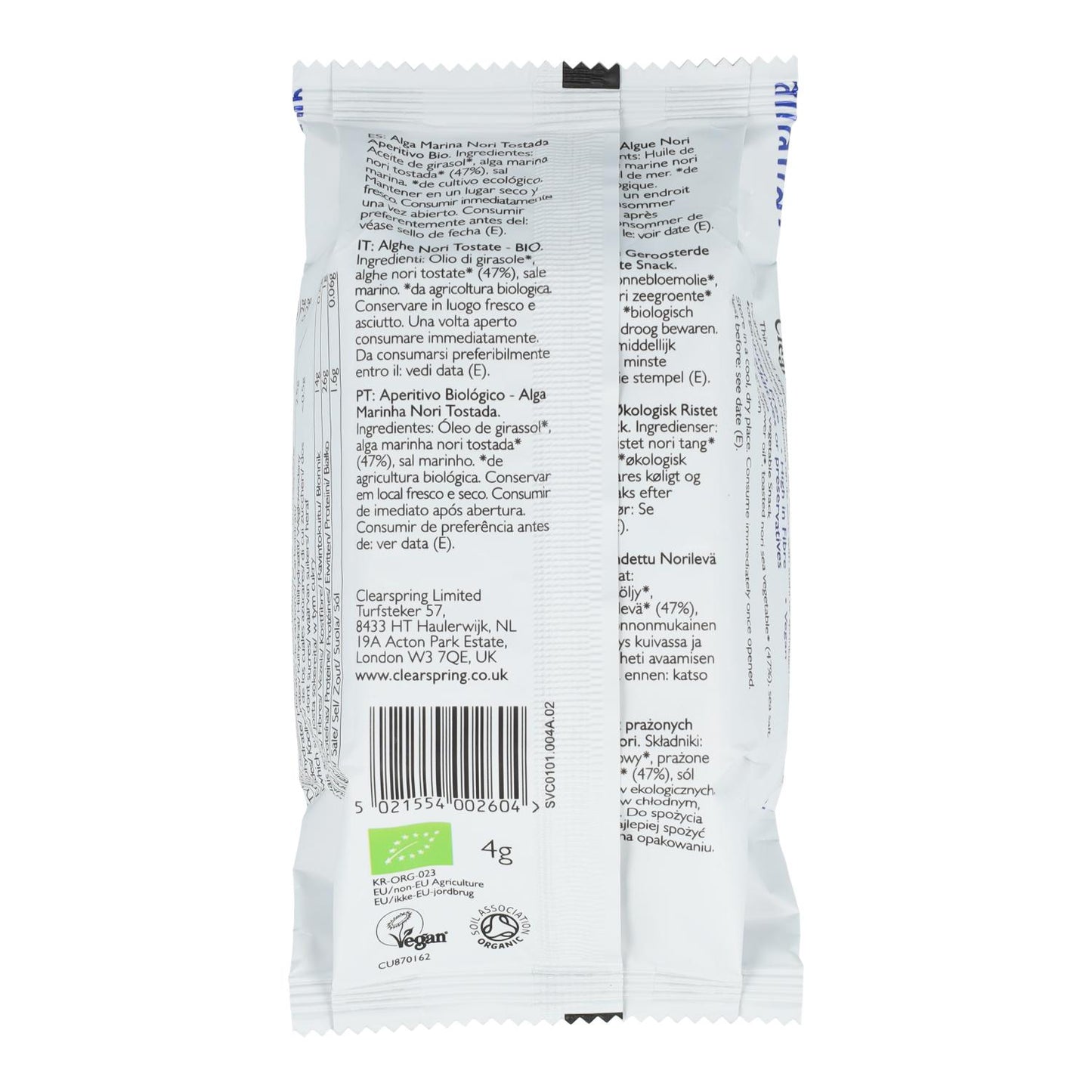 Biologische geroosterde nori-snack van Clearspring 4 g