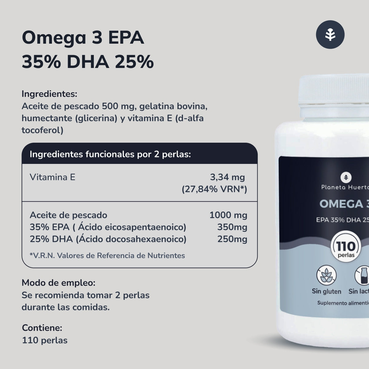 Förpackning 2x Omega 3 EPA 35% DHA 25% Planeta Huerto 110 pärlor