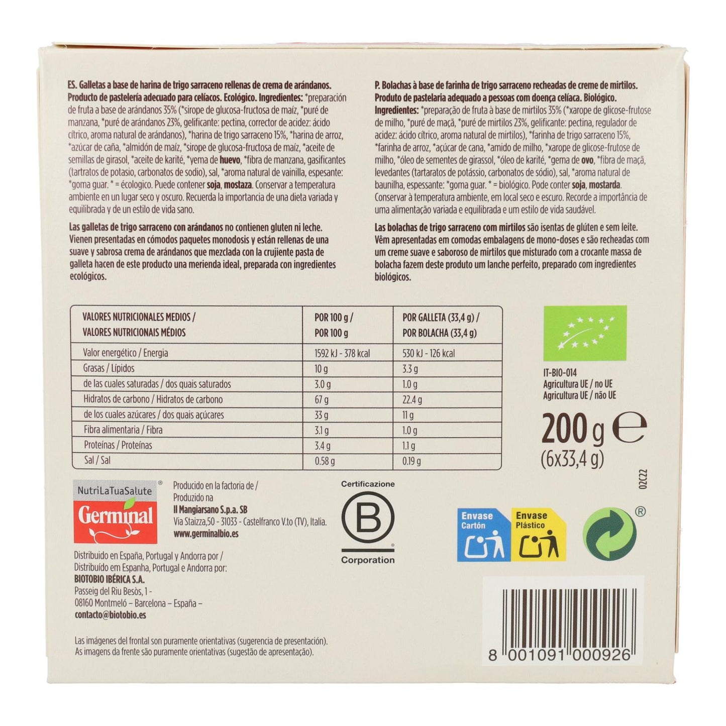 Glutenvrije bosbessen- en boekweitkoekjes Germinal Bio 200 g