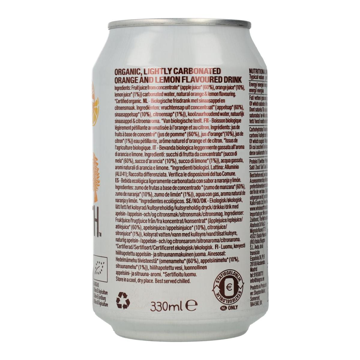 6er-Packung Whole Earth Bio-Erfrischungsgetränke in Orangen- und Zitronengeschmack, 330 ml.