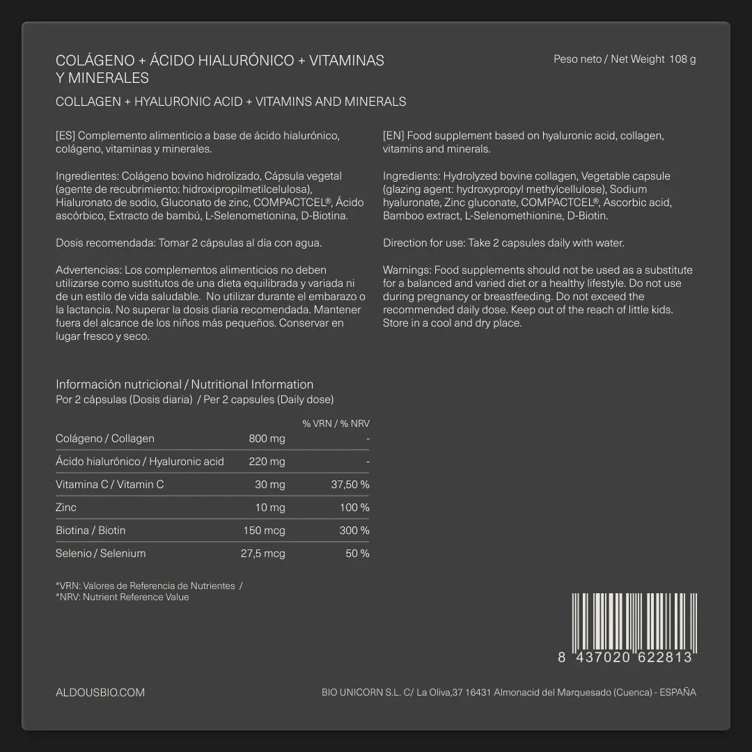 Hyaluronsyra med kollagen, biotin, vitaminer och mineraler Aldous 150 kapslar