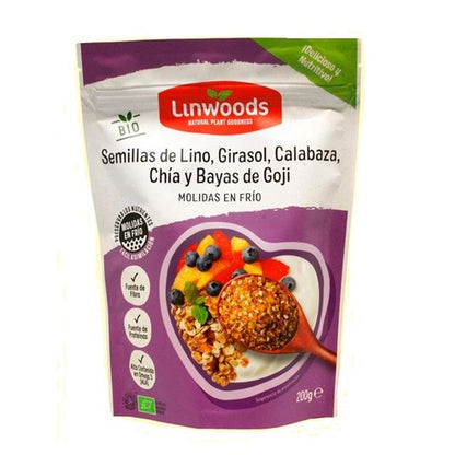 Gemahlene Bio-Samen aus Leinsamen, Sonnenblumen, Kürbis, Chia und Goji-Beeren – Linwoods  425 g