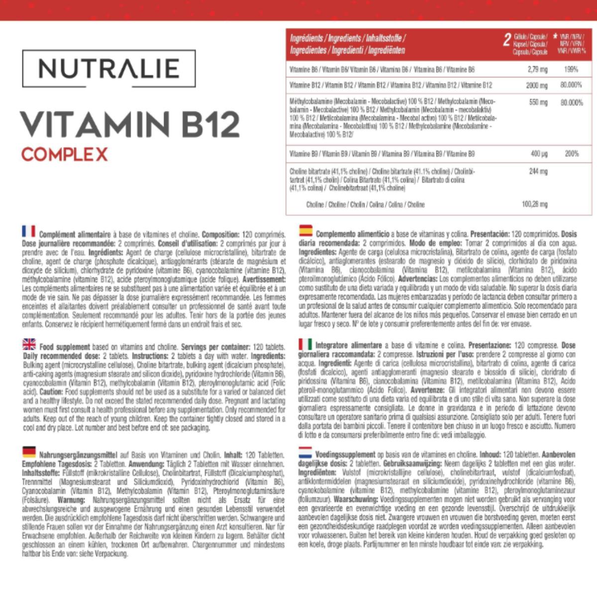 Complexe de vitamine B12 2000 mcg Fatigue Nutralie 120 comprimés