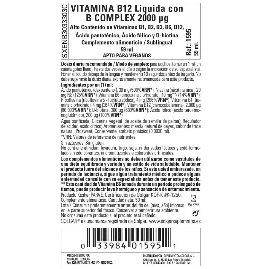 Vloeibare vitamine B12 voor onder de tong, 59 ml van 2000 μg