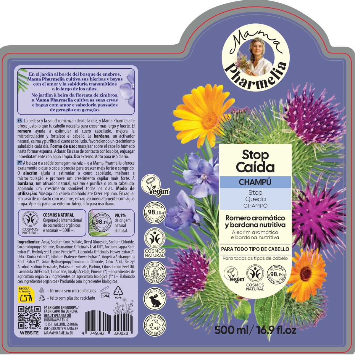 Shampoo tegen haaruitval met aromatische rozemarijn en voedende klis, Mama Pharmelia, 500 ml