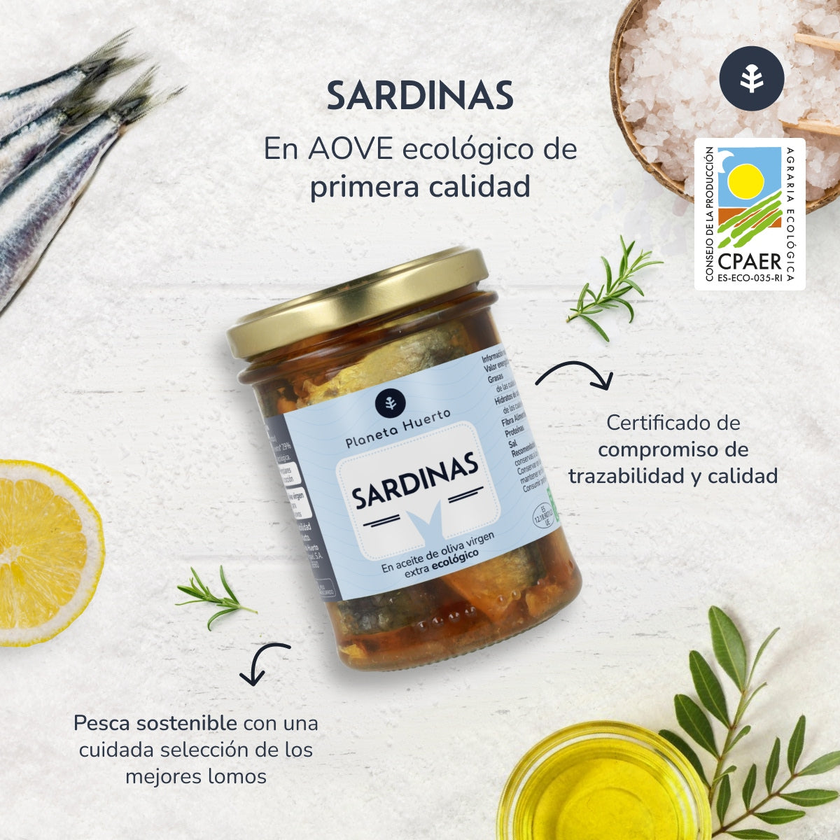 Förpackning 6x Sardiner i olivolja ECO Planeta Huerto 190 gr