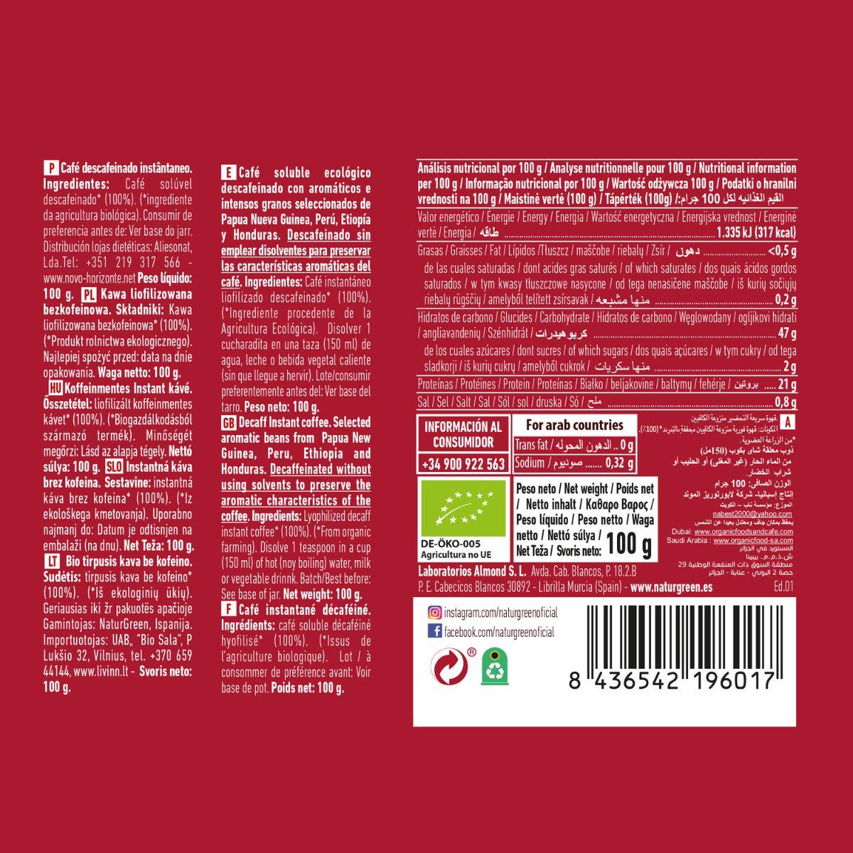 Biocoffee Café soluble Descafeinado Bio Premium NaturGreen 100 g