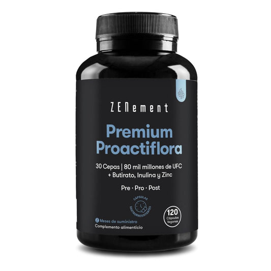 Premium Proactiflora, 30 szczepów | 80 miliardów CFU + maślan butylu, inulina i cynk Zenement, 120 tabletek