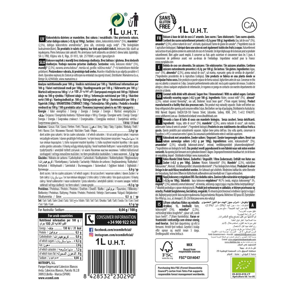 Napój kokosowo-migdałowy bez cukru Ecomil 1 l