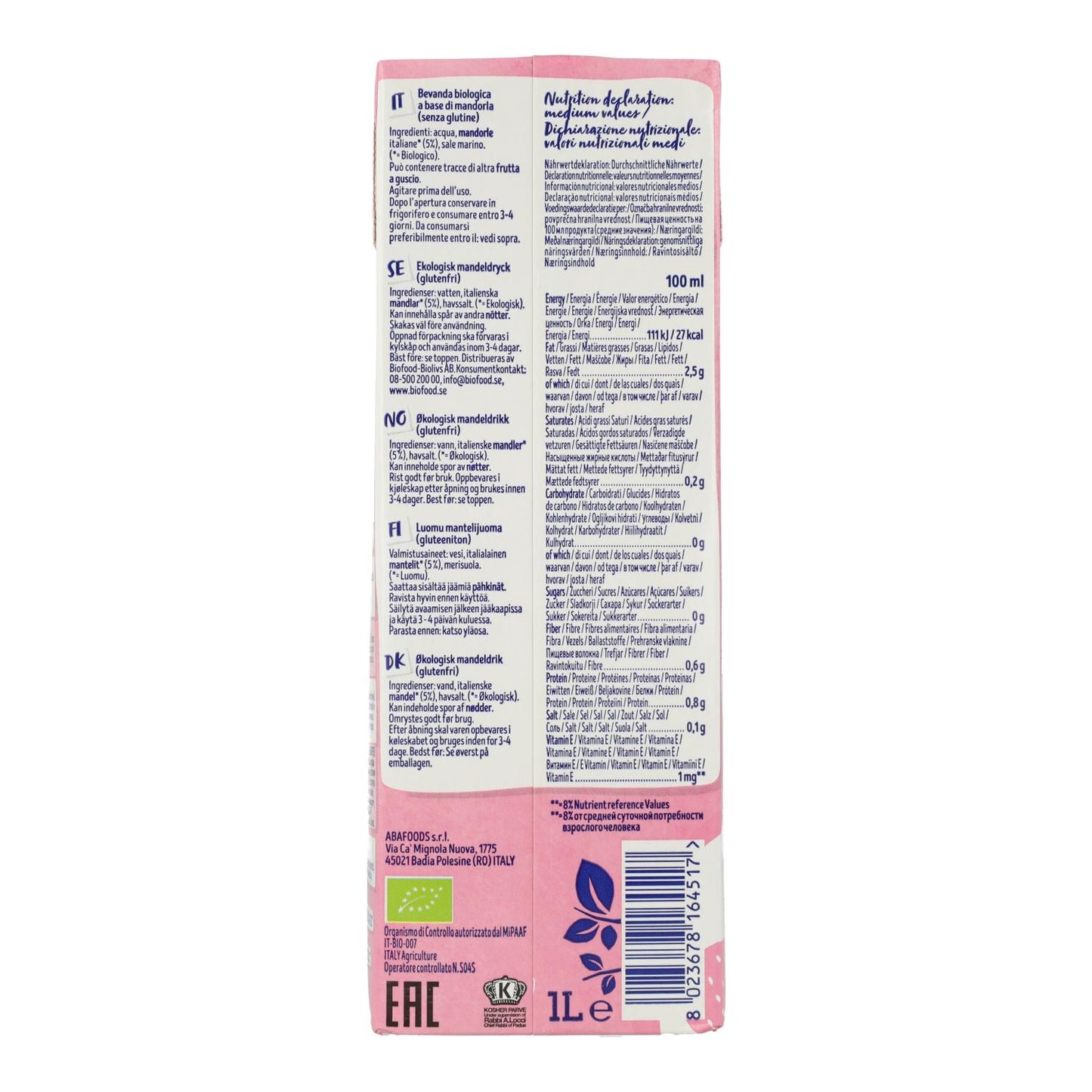 6er-Pack Bio-Mandelmilch ohne Zucker Isola Bio 1 l