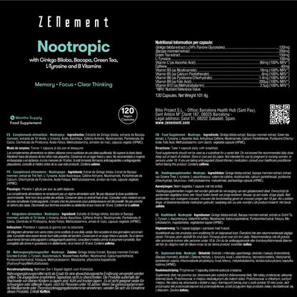 Nootropicum, met ginkgo biloba, bacopa, theanine, tyrosine en B-vitamines Zenement, 120 tabletten