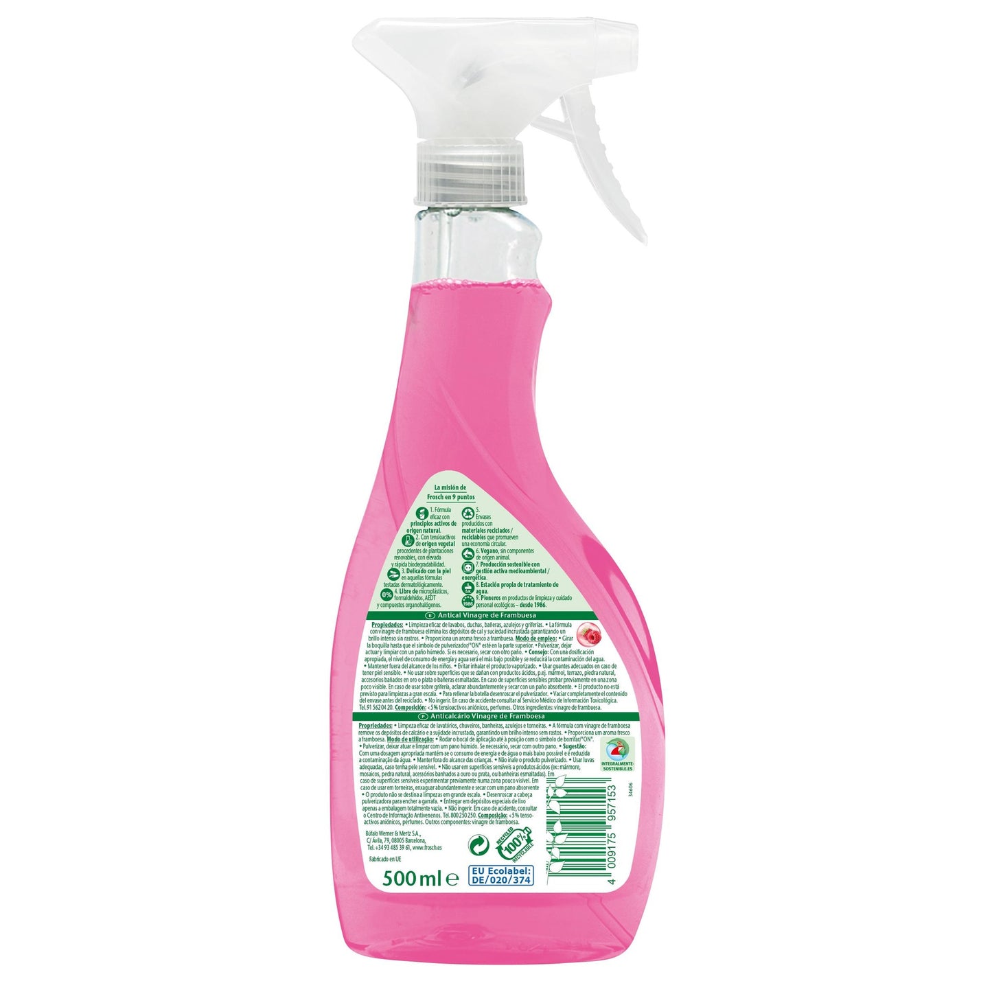 Pack of 10 Frosch raspberry anti-limescale spray 500 ml