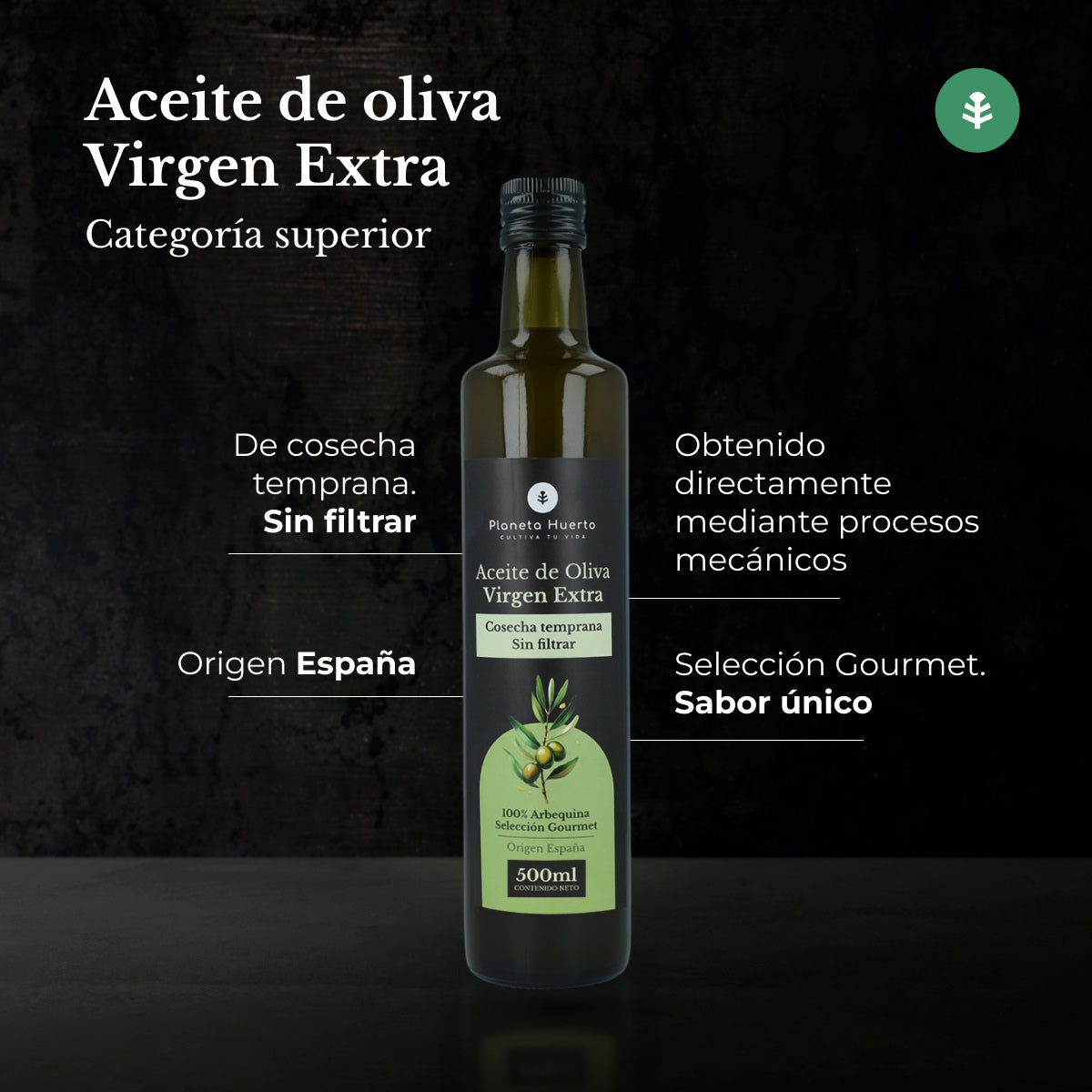 Pakket van 3 ongefilterde extra vierge olijfolie van vroege oogst Planeta Huerto 500 ml