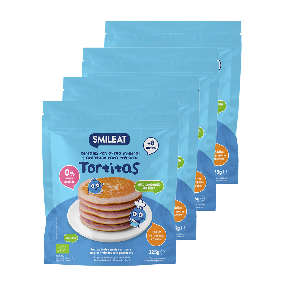 Pack of 4 x Organic Wholemeal Oat and Blueberry Pancake Mix, Smileat, 125 g
