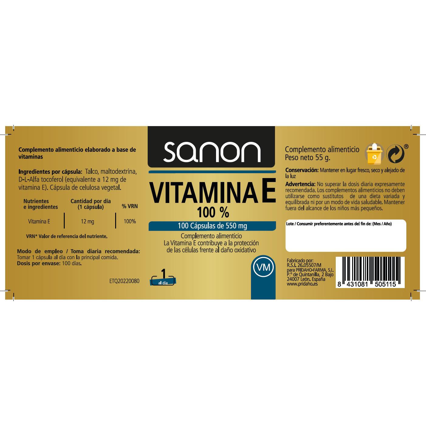 Vitamine E 100% SANON 100 capsules van 550 mg