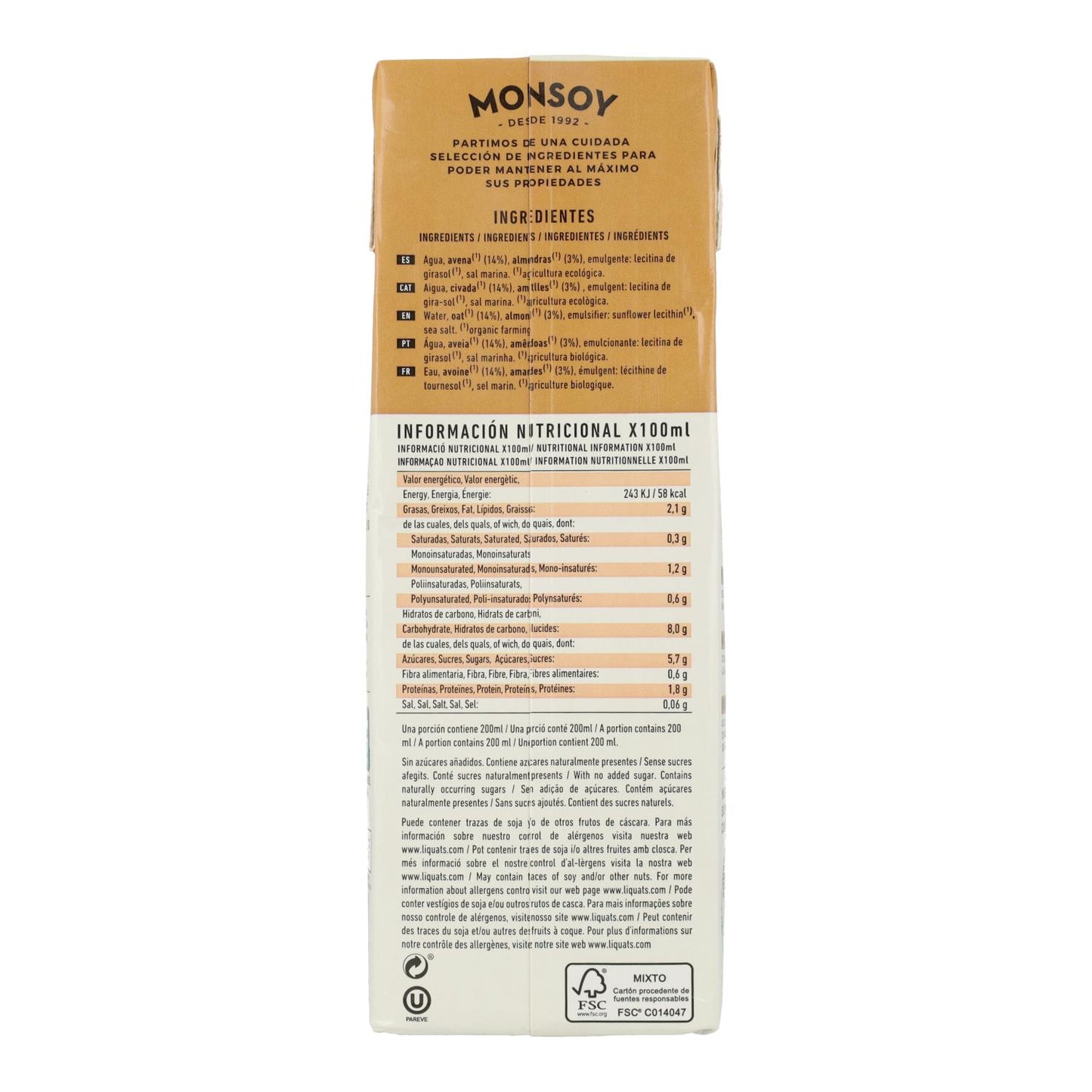 6er-Pack BIO-Getränk aus Hafer und Mandeln Monsoy 1 l